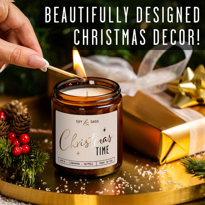 Christmas Candles Scented – ‘Christmas Time’ Soy Christmas Candle, w/Apple, Cinnamon, Clove - Infused with Essential Oils I Holiday Candles I 9oz, 50Hr, Made in USA