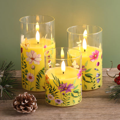 Eywamage Yellow Floral Glass Flameless Candles with Remote, Flickering Spring LED Pillar Candles Battery Operated Home Decor Set of 3