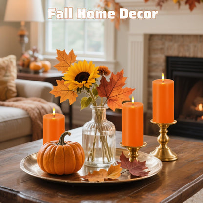 Orange Flameless Candles, Set of 2 7"x3" Flickering LED Candles with Remote & Timer, Dimmable Electric Pillar Candles Battery Operated, Candles Light for Fall Thanksgiving Halloween Decor (Orange)