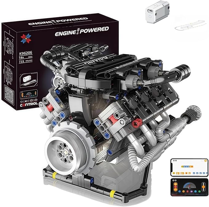 V8 Engine Building Kits That Runs with Motor - 715+Pcs Build Your Own Visible APP Controls Mini V8 Engine Model8-Cylinder Transparent Design Car Engine Building Engineering Set for Adults