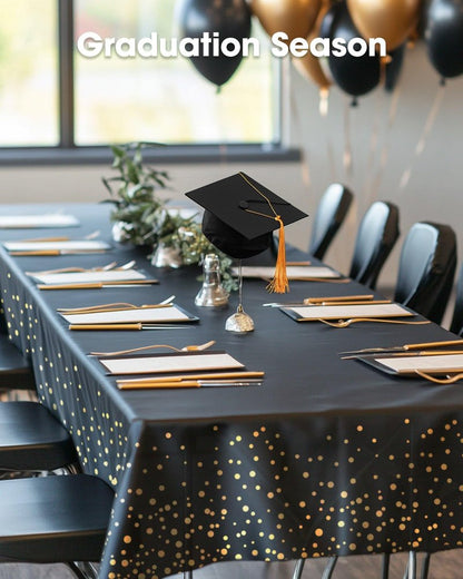 Pureegg Plastic Table Cloth Disposable 10 Pack, 54 x 108 Inch Table Cloths, Graduation Decorations Class of 2025, Graduation Tablecloths, Rectangle, Plastic Cover, Leakproof & Sturdy, Black and Gold