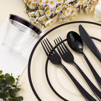 Beststar 350PCS Black and Clear Plastic Dinnerware Sets for 50 Guests, Include 100 Black Disposable Plates, 100 Forks, 50 Knives, 50 Spoons, 50 Cups,Halloween