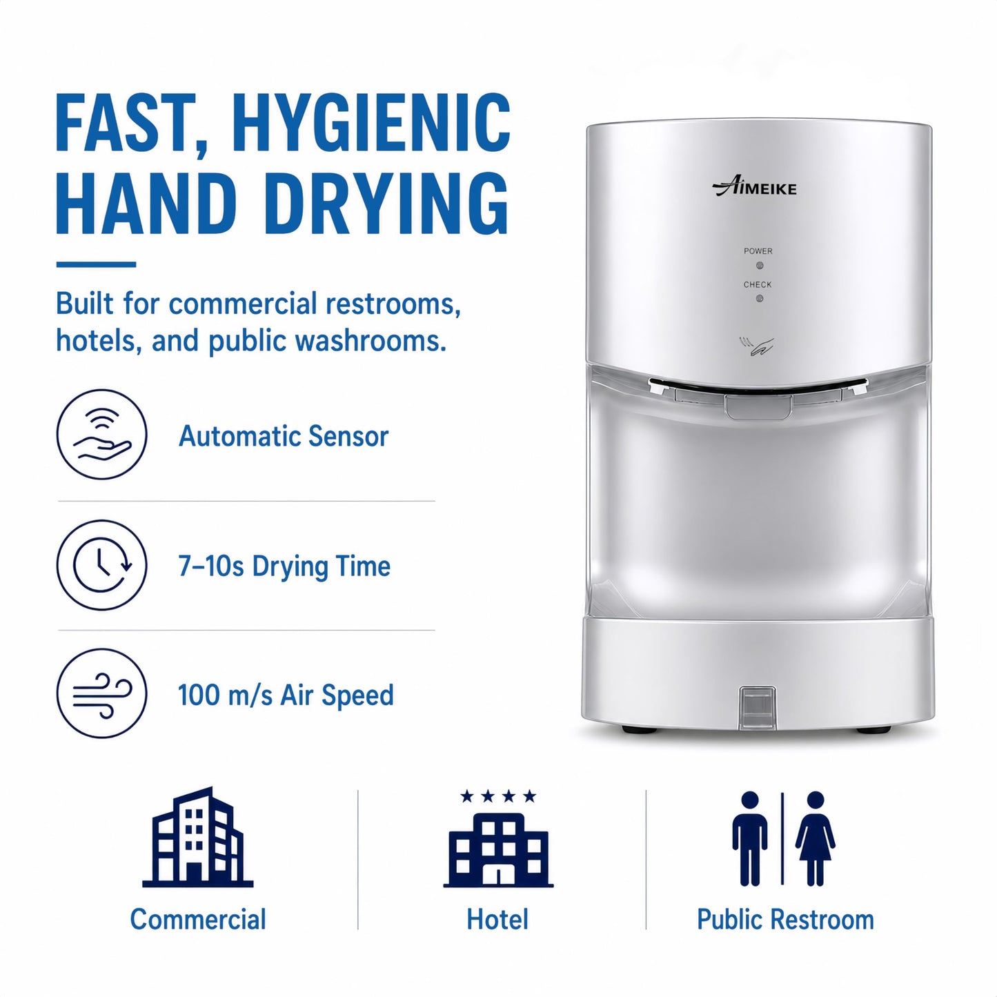 AIMEIKE Automatic Commercial Wall Mounted Hand Dryer with Drip Tray, Compact High Speed 110V 1300W, Adjustable Hot & Cold Air, Low Noise for Bathroom & High-Traffic Restrooms, Silver