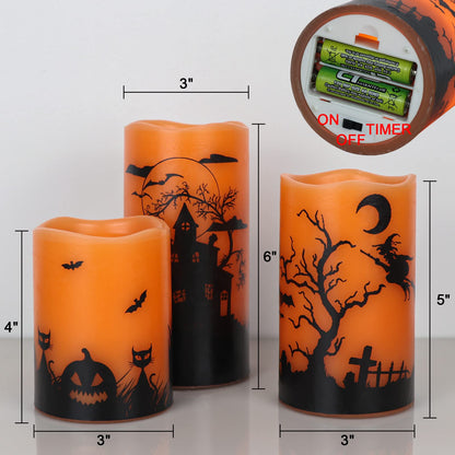 Lasumora Halloween Flameless Candles with 6-Hour Timer, Battery Operated Orange LED Pillar Candles Flickering Real Wax, Witch, Bats, Castle Decals Set of 3 for Halloween Decorations, D3”x H4” 5” 6”