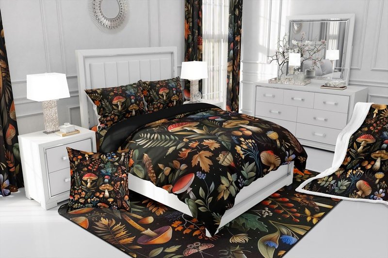 Feelyou Wild Mushroom Bed Comforters Set Twin Size,Burgundy Plant Fallen Leaves Super Soft Microfiber Bedding Set for Girls Boys,Botanical Plant Decorative Comforter Set,1 Pillowcase