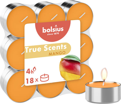 Bolsius True Scents Scented Tealights in Aluminium Cup – Mango Fragrance – Set of 18 Pieces – Orange Colour – Long Burning Time of 4 Hours – Decorative Candles – Wax – Smokeless