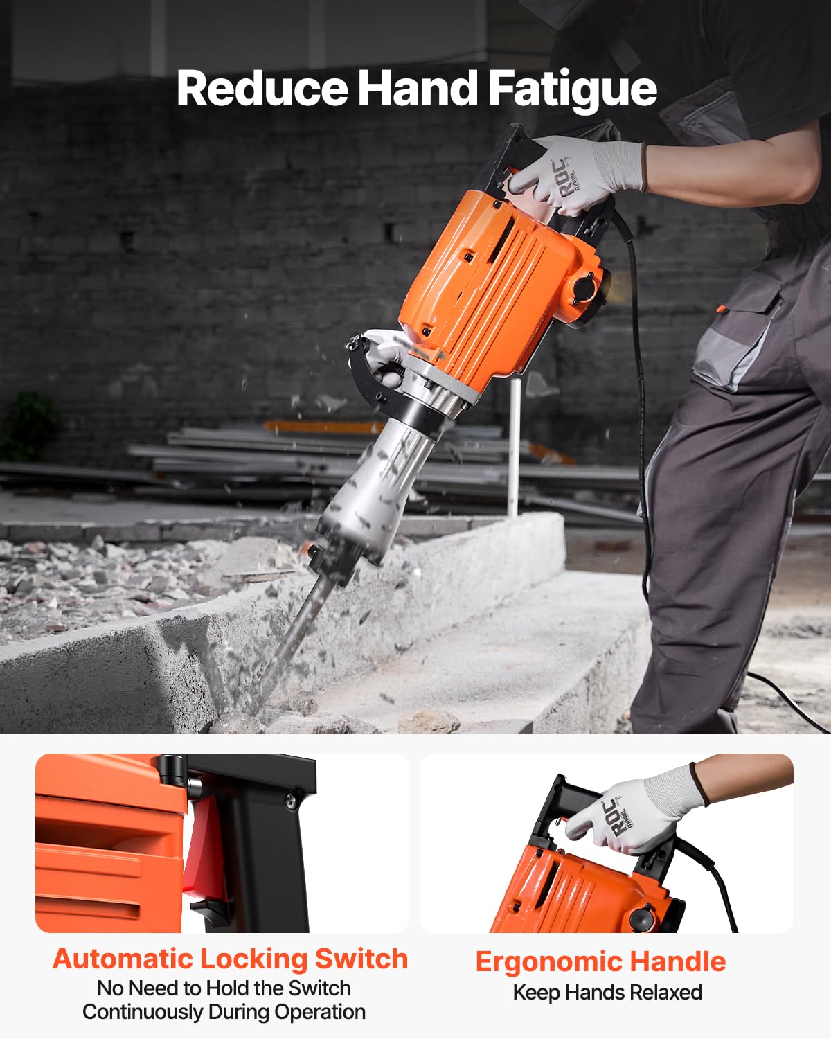 VEVOR Demolition Jack Hammer, MAX 2200W Electric Jackhammer Heavy Duty, 1350 BPM Concrete Breaker 2pcs Chisels Bit Chipping W/Case