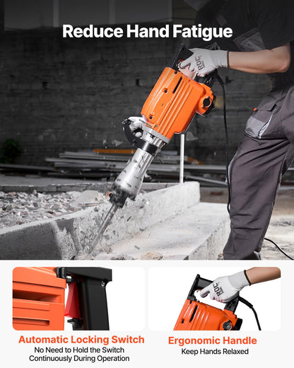 VEVOR Demolition Jack Hammer, MAX 2200W Electric Jackhammer Heavy Duty, 1350 BPM Concrete Breaker 2pcs Chisels Bit Chipping W/Case