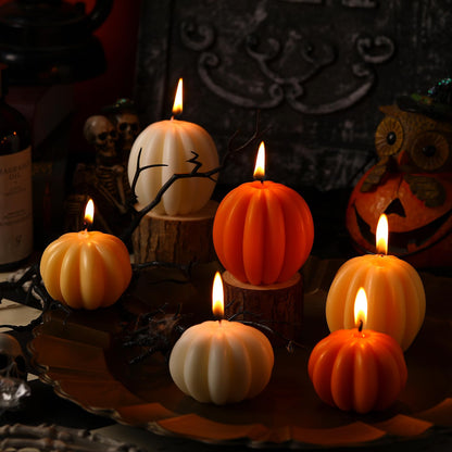 MTLEE 6 Pieces Fall Pumpkin Shaped Candles Thanksgiving Scented Tealight Candles Home Decor Handmade Thanksgiving Gifts for Bedroom Bathroom Party (Orange, White, Pumpkin)