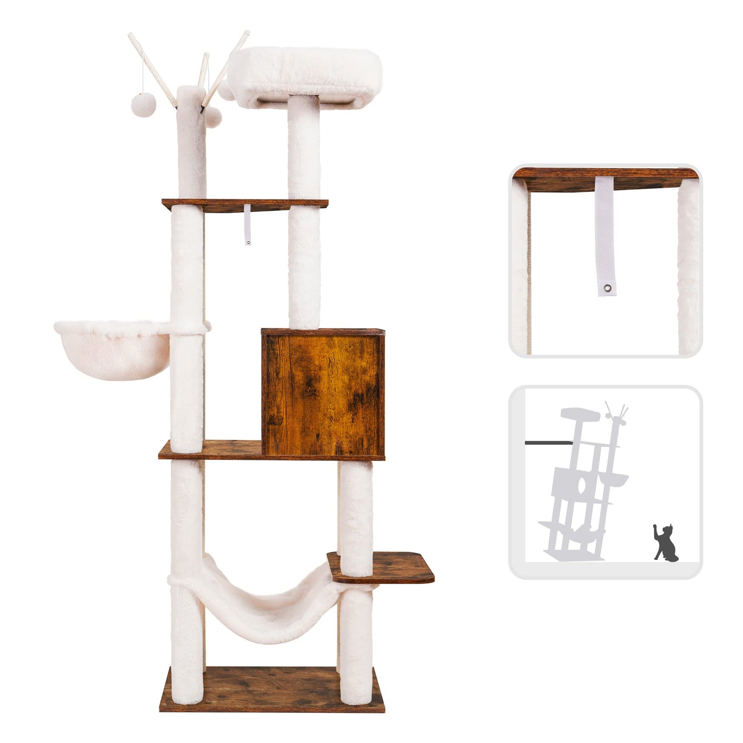 Hey-brother Wooden Cat Tree, 66.1“ Cat Furniture with Scratching Posts, Modern Cat Tower with hammocks, Toys, cat condo, Rustic Brown MPJ120SR