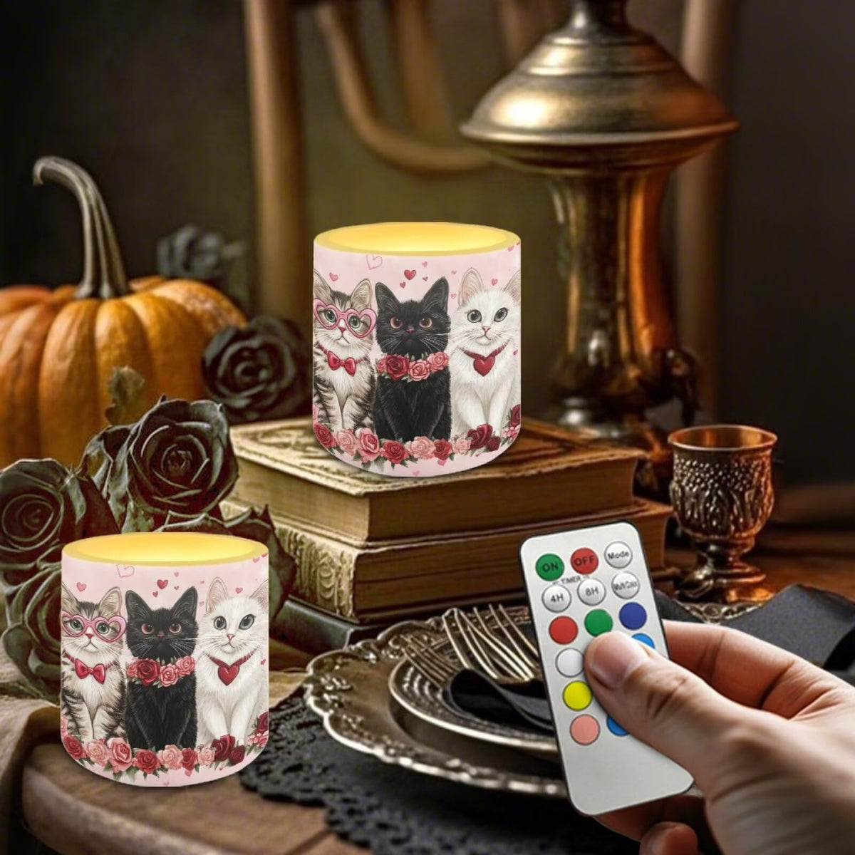 Merkmak 4Pcs LED Candles Bulk Flickering Flameless Candles with Remote and Timer Floral Cat Battery Operated Pillar Tea Lights for Valentines Day Banquet Wedding Home Decorations