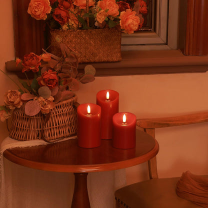 Battery Operated Candles, Real Wax Red LED Candle Flickering Flameless Candles with Remote, 3D Wick Fake Candles for Christmas, Thanksgiving, Home Decor, Party, Gifts, Set of 3, D3"x H4"/5"/6"