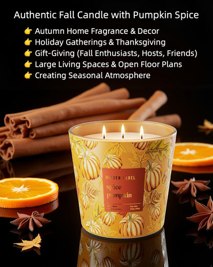 Hidden Label Pumpkin Spice Fall Candles, 3 Wick Large Scented Candle for Home, 30oz Natural Soy Candles for Home Scented,100 Hour Burn Time, Long Lasting Highly Scented Luxury Candle Gift