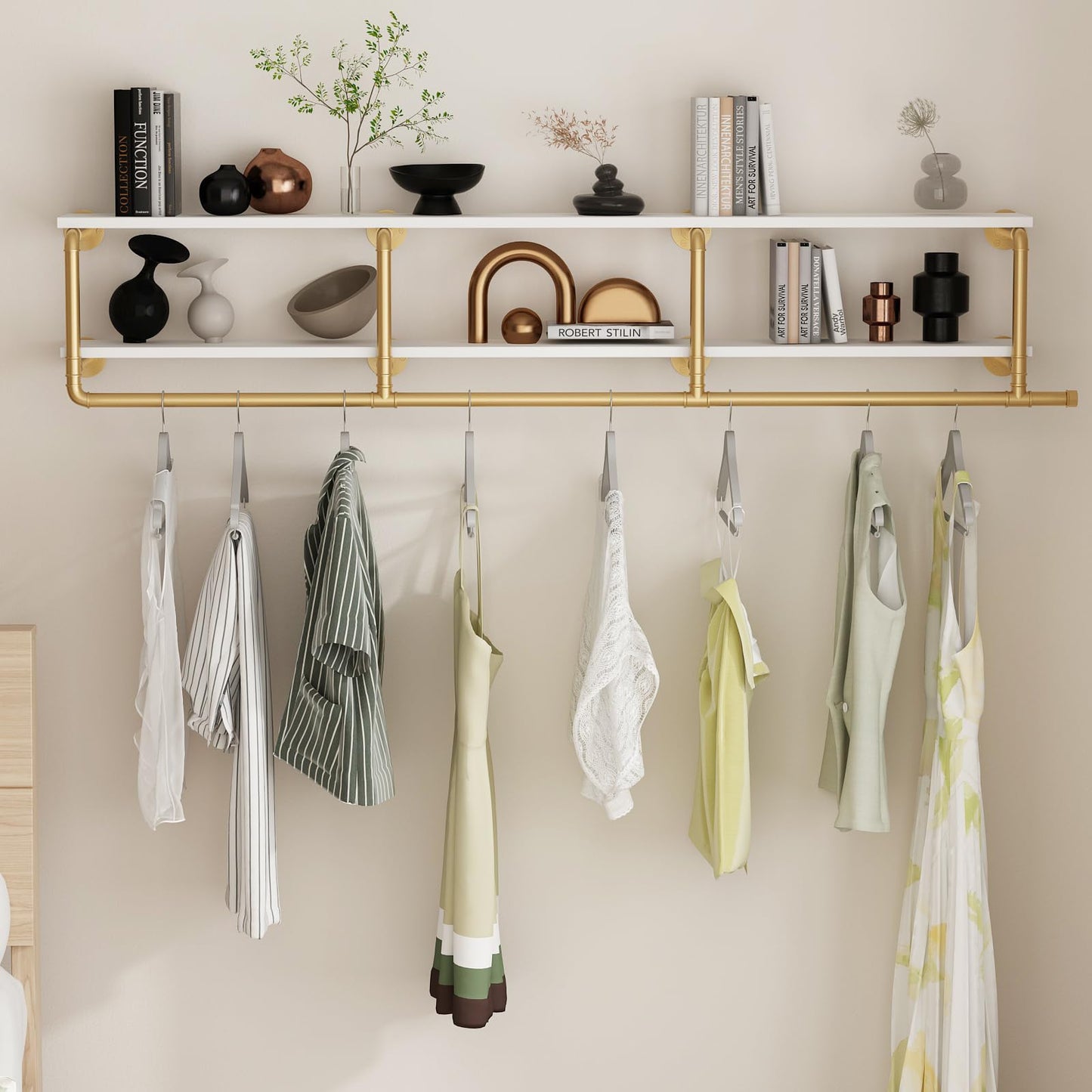ORSENIGO Industrial Pipe Clothing Rack with Shelves, Gold Wall Mounted Clothes Rack for Home Retail