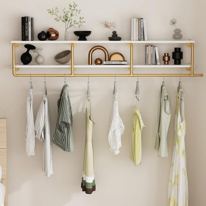 ORSENIGO Industrial Pipe Clothing Rack with Shelves, Gold Wall Mounted Clothes Rack for Home Retail