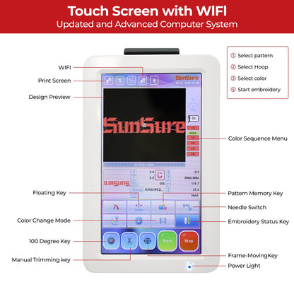 SUNSURE 10-Needle Home Embroidery Machine with Smart Touch Screen,9.5"x14.2" Embroidery Area,1200SPM Max Speed,T-Shirts,Hats,Tote Bags,3D&2D Cap,flat System include,pattern Free design Support