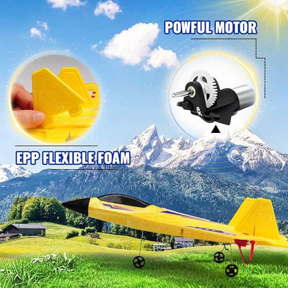 Yellow RC Plane for Kids Upgrade F-22 Raptor Fighter RC Airplane Remote Control Airplane Toys 2.4 GHZ Smart 6-axis Gyro Stabilizer RTF RC Jet Aircraft Easy to Fly Outdoor Toy RC Glider for Beginners