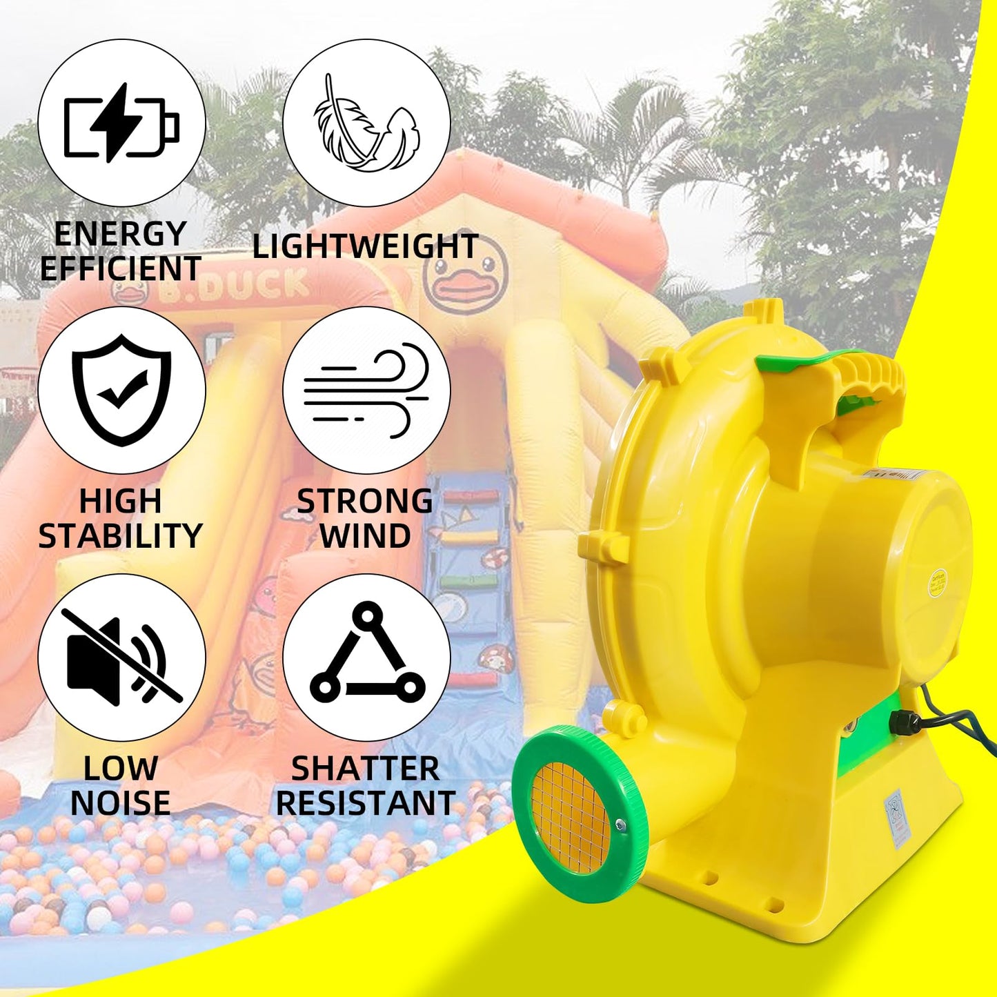 1100Watt/1.5HP High Power Air Blower for Large Inflatables, GONFLABLE Inflatable Bounce House Blower, Portable Fan Pump Leaf Blower Corded Commercial for Bouncy Castle, Jumper, Water Slide