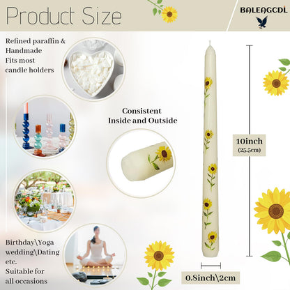 Summer Floral Printed Taper Candle - Baleagcdl Ivory with Sunflower Candlesticks Handmade Long Tapered Candles 10 Inch Drip Candle for Holiday Decor Gifts Set of 2