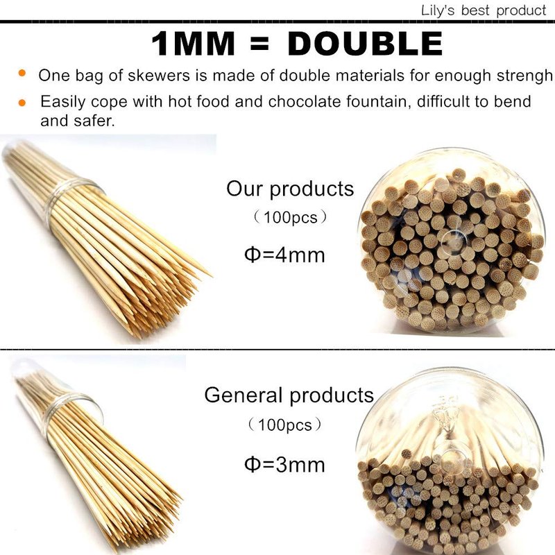 6" Natural Bamboo Skewers for BBQ，Appetiser，Fruit，Cocktail，Kabob，Chocolate Fountain，Grilling，Barbecue，Kitchen，Crafting and Party. Φ=4mm, More Size Choices 8"/10"/12"/14"/16"/17.5"/30"/36"(1000 PCS)