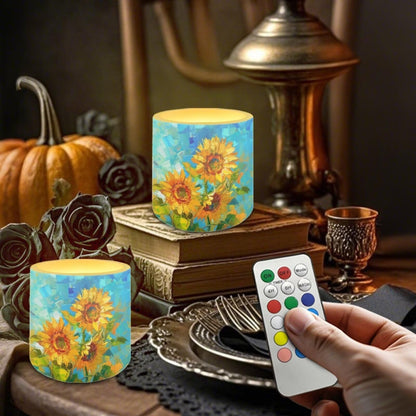 Cozeyat Sunflower Weather Resistant LED Candles 4 Pack Battery Operated Flameless Pillar Candles with Remote Control Timer for Home Patio Indoor Outdoor