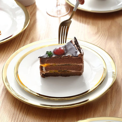 Loymokinar Salad & Dessert Plates, Set of 6, 8 inch, White Porcelain with Gold Trim, Elegant Ceramic Appetizer Plates for Bread, Snack and Finger Food, Round Serving Dishes for Wedding & Dinner Party