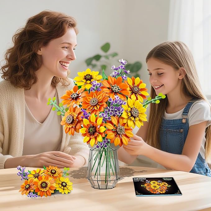 Flowers Sunflower Bouquet Building Set with Lights - 17 Flowers Botanical Collection Artificial Plant Sunflower Building Blocks Art Home Decor Easter Gifts for Adults Women Girl (1011PCS)