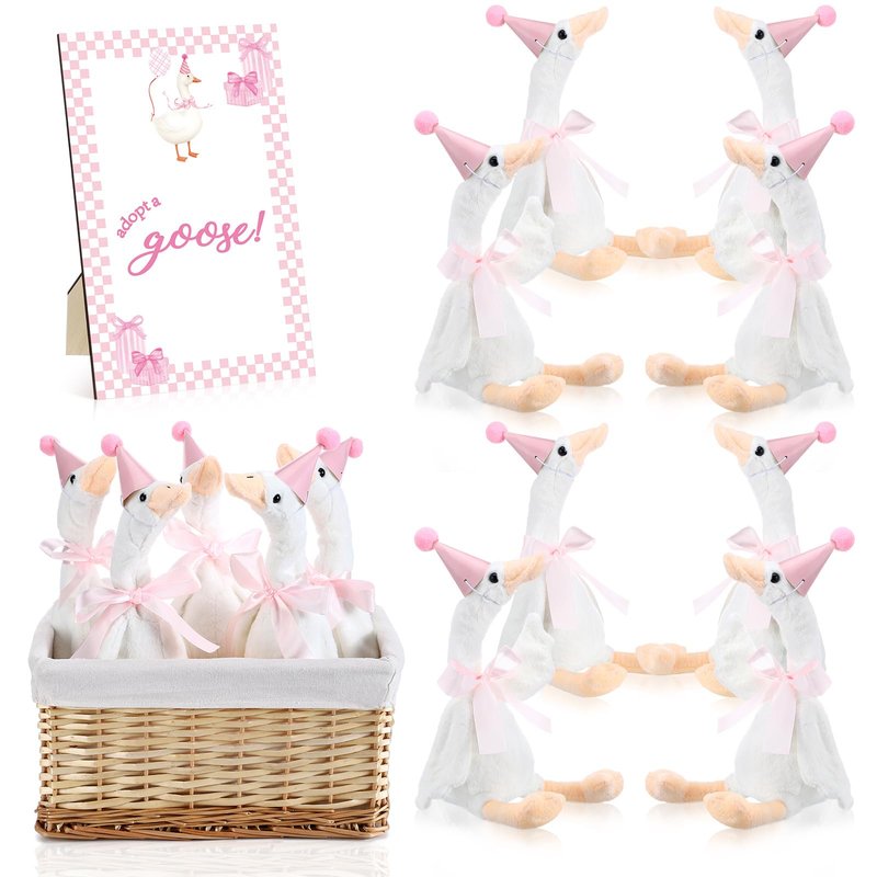 Blueweenly 8 Sets One Silly Goose Birthday Decoration 15.7 Inch Soft Silly Goose Stuffed Animal Hat with Wood Table Decor for Birthday Party Decoration