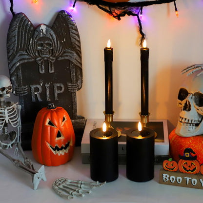 Lezonic Halloween Black Flameless Candles with Remote, Battery Operated Real Wax with Dripping Effect, Flickering LED Candles for Fireplace, Shelf, Centerpiece, Set of 4 (9.5" Taper & 5" Pillar