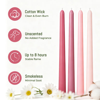 Viyffo Pink Ombre Taper Candles 10 Inch, 12 Pack Unscented, Smokeless Long Tall Tapered Candlesticks Wedding Home Decor Dinner Natural Color Series