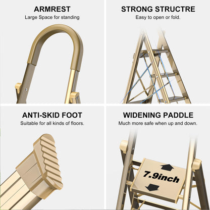 GameGem Lightweight Aluminum 6 Step Ladder for 12 Feet High Ceiling, Folding Step Stool Stepladders with Anti-Slip and Wide Pedal for Home and Kitchen Use Space Saving (Gold)