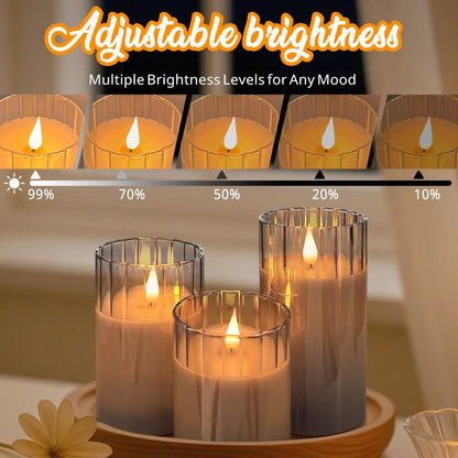 LEDHOLYT Rechargeable Flameless Candle, Flashing LED Pillar Real Wax Candle with Remote Control and Timer, Grey Stripes Glass Electronic Candles for Room Decoration, 1 Set of 3