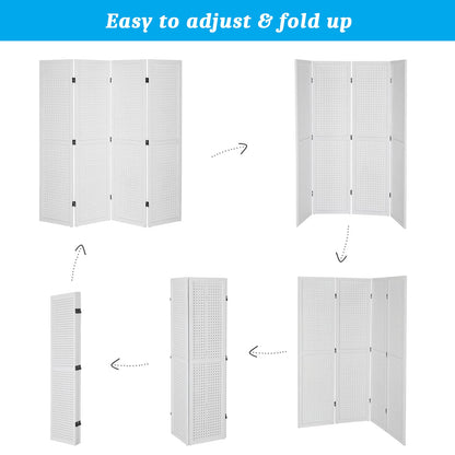 Bonnlo 4 Panel Pegboard Freestanding, 5 FT Portable Display Board Organizer for Craft Show Jewelry, Wooden Folding Privacy Screen Room Divider (with Base, White)