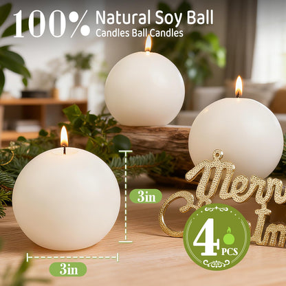 3 Inch Green Round Ball Candles,Elegant Round Pillar Candles,Hand-Poured Natural Soy Candles,26 H Long Burning Time-Dripless Smokeless Candle Dinner Table,for Wedding,Christmas Home Decor 4 Pack