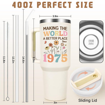 Gtmileo 50th Birthday Gifts for Her Women, 1975 Birthday Gift For Women 40oz Tumbler with Handle, 50 Year Old Birthday Gifts for Women, Cool Gifts for 50th Birthday Woman for Friends Family, Beige
