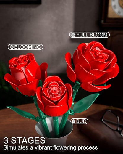 Red Rose Bouquet Building Set 12 Artificial Roses Flower Building Blocks for Adult Women Botanical Collection Home Decor Romantic Gift for Mother's Day Valentine's for Adults Girls (512 PCS)