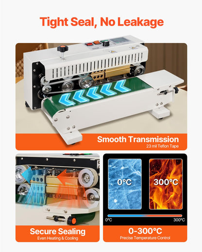 VEVOR Continuous Bag Band Sealing Machine, 0.24-0.47 in/6-12 mm Seal Width, Horizontal Band Sealer Machine with Digital Temperature Control, Carbon Steel Bag Sealer for 0.02-0.8 mm Plastic Bags Films