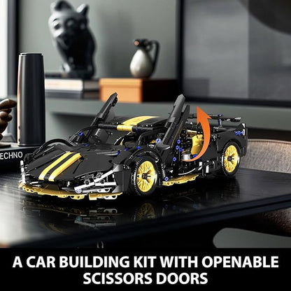 GEVINST Collectible Sports Race Cars Building Set RC Remote Control APP Car Model Kits with LED Lights for Boys 8-12 and up Adults 1:14 Scale Black Gold Supercar Gifts (1309 PCS)