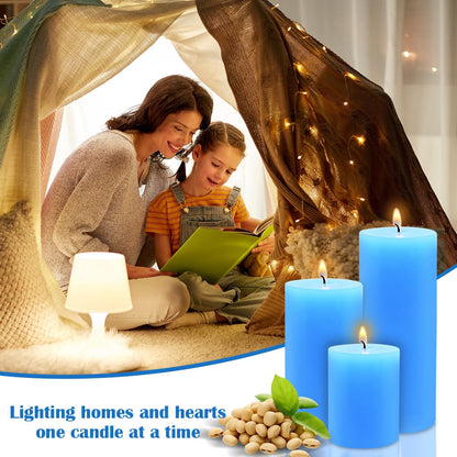 Blue Pillar Candles Set of 3 - Dripless Unscented - 3x4, 3x6 & 3x8 inches Decorative Candles for Home Decor & Table Centerpieces