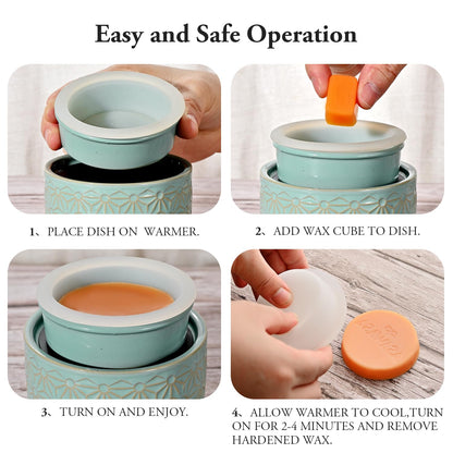 ASAWASA Wax Melt Warmer with 1 pc Silicone Dish,3-in-1 Ceramic Wax Melter Burner for Kitchen Home Spa Yoga Gift (Cyan Hexagon Pattern)