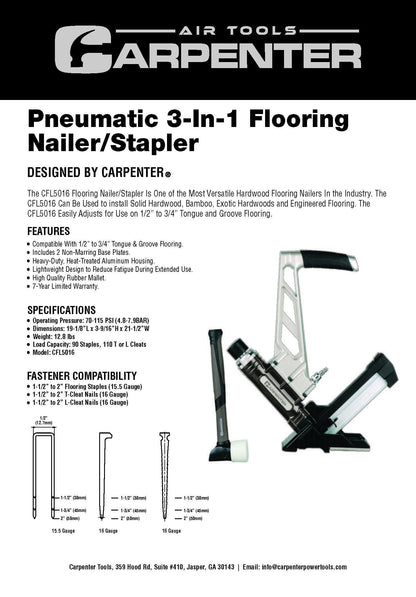 Carpenter Air Tools CFL5016 7 Year Warranty - Carpenter Pneumatic 3-In1 Flooring Nailer & Stapler