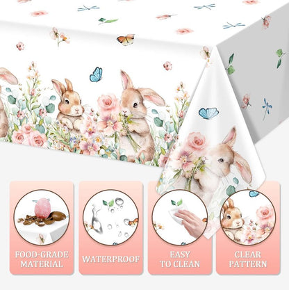 Vanulus 3Pcs Spring Easter Bunny Party Tablecloth Cute Rabbits Pink Floral Disposable Plastic Table Cover Rectangle Table Cloth for Spring Farmhouse Picnic Dinner Table 54x108Inch