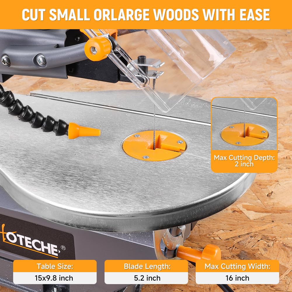 Hoteche 16-inch Power Scroll Saw for Woodworking with Large Tilting Working Table and Integrated Dust Port, Professional Woodworking Tool for Detailed Cutting, Fretwork, Crafting