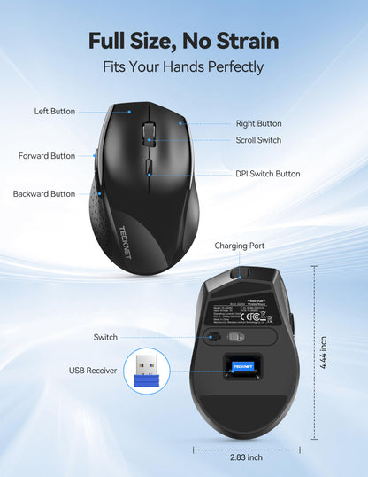 TECKNET Wireless Mouse Rechargeable,Mouse for Laptop Computer,2.4G USB Computer Mice Wireless,6 Button 6400 DPI Ergonomic Silent Mice,Portable Cordless Travel Mice-Wide Compatibility