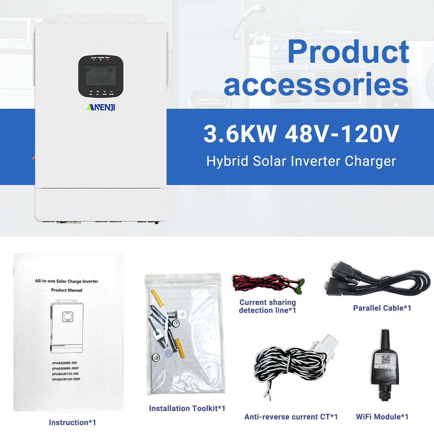 3600W Hybrid Solar Inverter 48V DC to 110V AC, Pure Sine Wave, Built-in 80A MPPT Controller, 98% Efficiency, Support Parallel 6 Units, Solar & Generator Input, for Home On/Off-Grid Systems