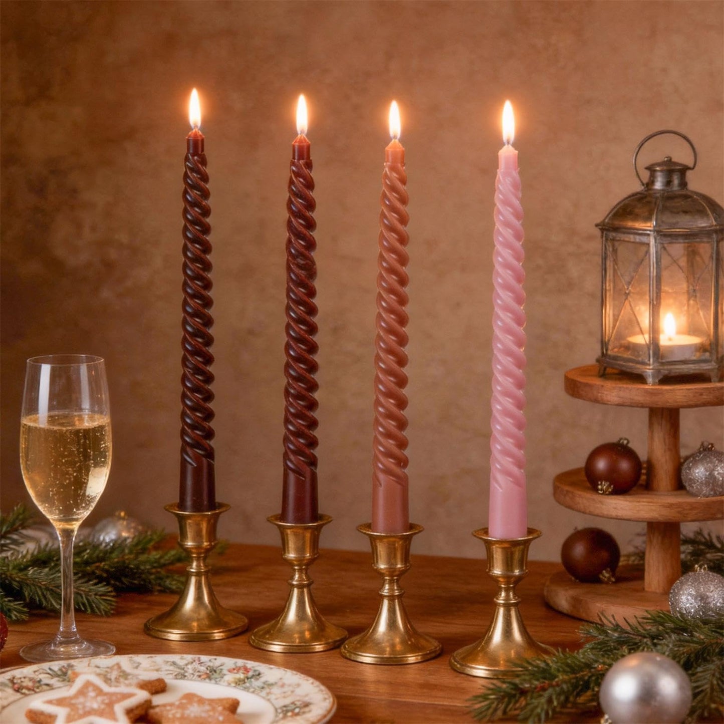Coffee Spiral Taper Candles, 10 inch Gradient Twisted Candles,4 Pack Unscented and Smokeless Long Burning Candles with Cotton Wicks,Tall Candlesticks,Ideal for Weddings, Dinner Parties, and Home Décor