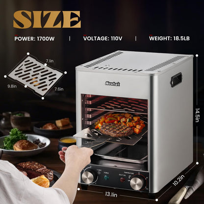 Newhai Electric Steak Broiler 1700W Indoor Commercial Steak Grill Automatic Steak Broiler for Carnivores Time Temperature Adjustable for Beef Chicken Vegetables 110V US