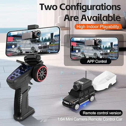 GoolRC WLtoys 6406-C Mini RC Car 2.4GHz 1:64 Scale FPV Remote Control Car with Camera 720P APP Control Rear Drive Vehicle with 2 Trailers and LED Lights for Adults (Black)