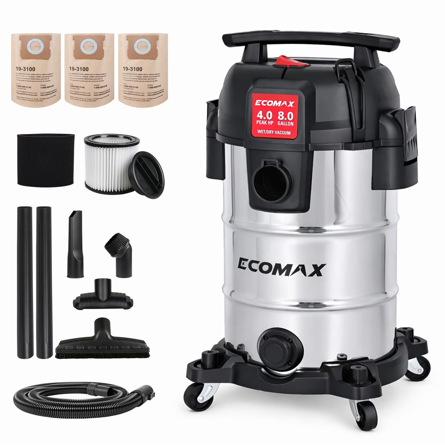 ECOMAX 8 Gallon Ultra-Quiet Shop Vacuum Wet and Dry, Stainless Steel Shop Vac with 80% Noise Reduction, 3X Longer Motor Life, 4 Peak HP Suction, Complete Accessory Kit for Garage, Workshop & Home