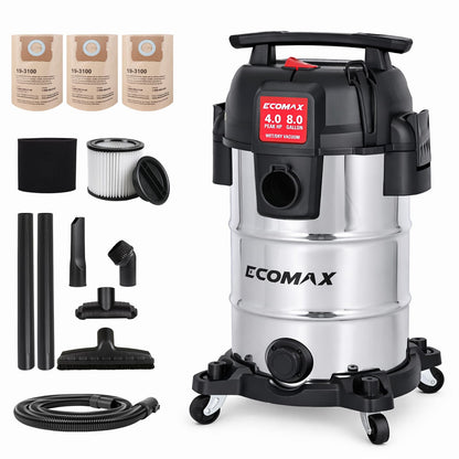 ECOMAX 8 Gallon Ultra-Quiet Shop Vacuum Wet and Dry, Stainless Steel Shop Vac with 80% Noise Reduction, 3X Longer Motor Life, 4 Peak HP Suction, Complete Accessory Kit for Garage, Workshop & Home
